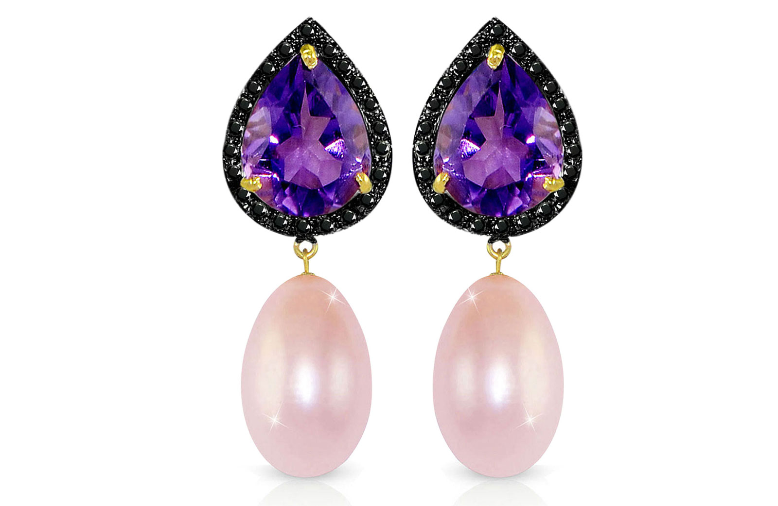 Vera Perla 18K Gold 0.24ct Black Diamonds, Amethyst and 13mm Purple Pearl Earrings